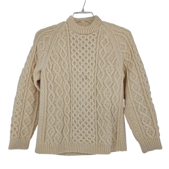 Vintage Fisherman Aran Cable Knit Wool Sweater Womens Small Cream Hand Knit - Picture 1 of 6